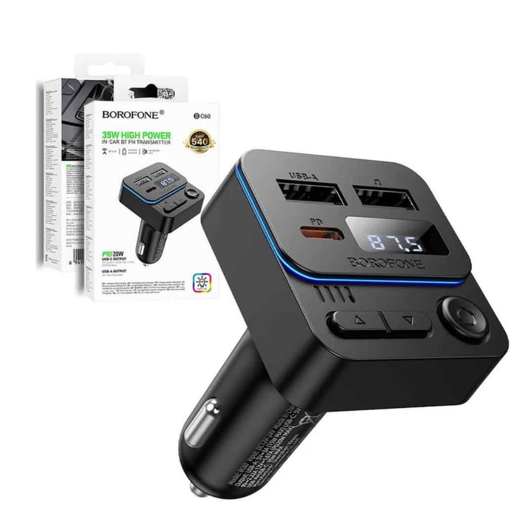 Borofone BC60 35W PD20W USB Type C Fast Car Charger (1A1C) Car Player Wireless Bluetooth FM transmitter