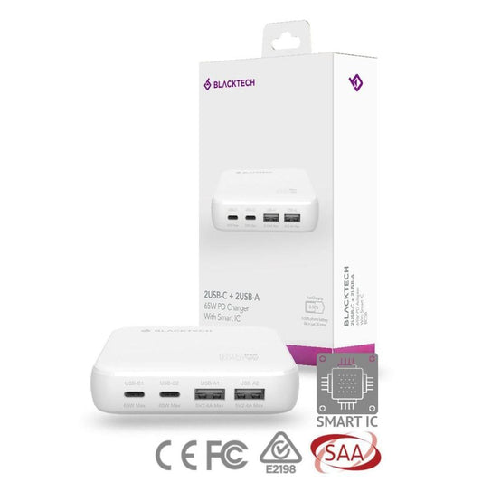 BLACKTECH BC06 Dual USB-C Dual USB-A 65W PD Adapter With Smart IC - White (SAA APPROVED Australia Safety Product)-Case & Gear - phoneguy.com.au-www.PhoneGuy.com.au