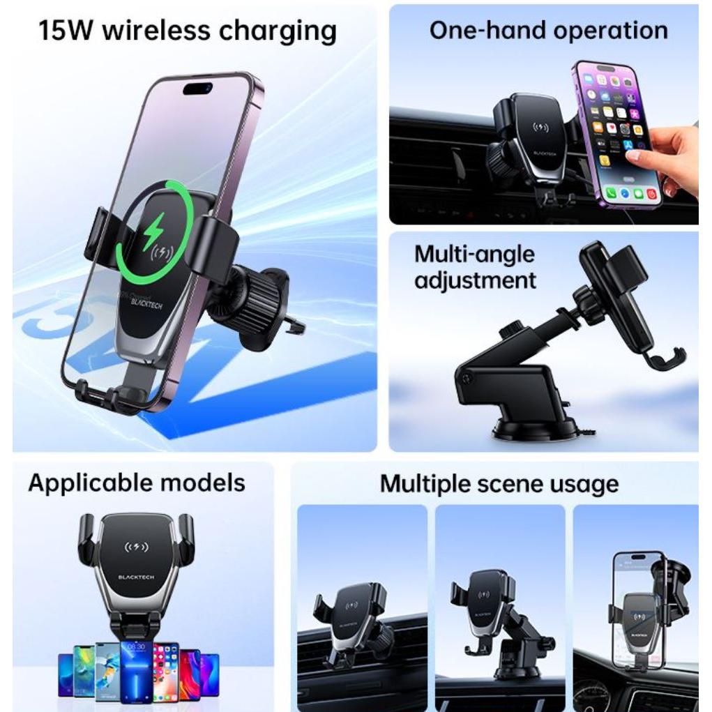 BLACKTECH BL-DCA21 Plus 15W Wireless Charging All in 1 Car Holder Set - Black-Case & Gear - phoneguy.com.au-www.PhoneGuy.com.au
