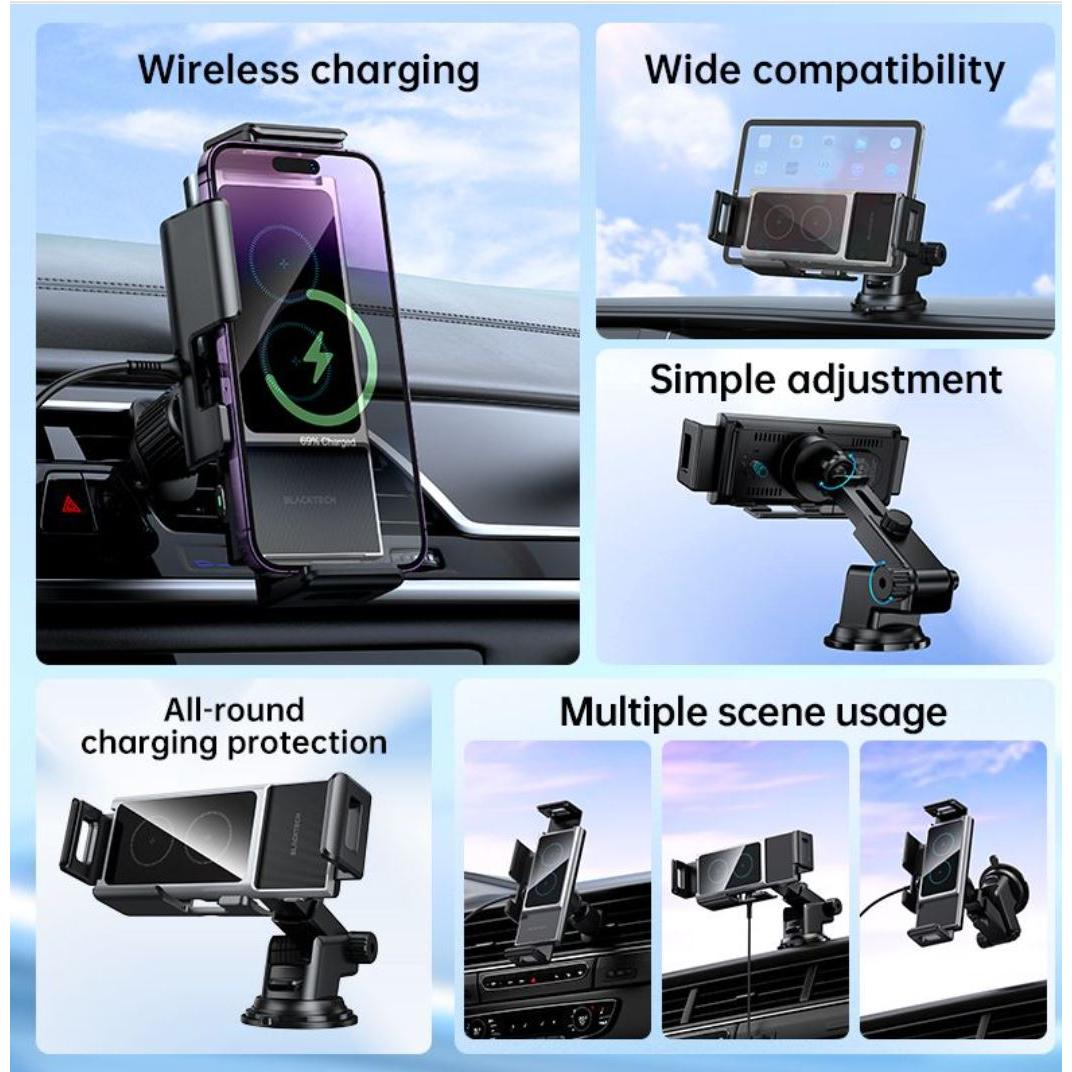 BLACKTECH BL-DCA59 Dual coil automatic rotating wireless charging car holder - Black-Case & Gear - phoneguy.com.au-www.PhoneGuy.com.au
