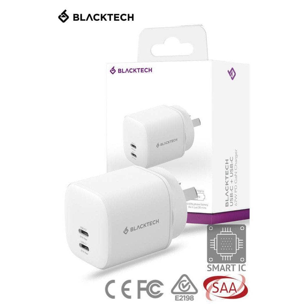 BLACKTECH Dual USB-C 67W PD GaN Charger With Smart IC - White-FAST CHARGE-Case & Gear - phoneguy.com.au-www.PhoneGuy.com.au