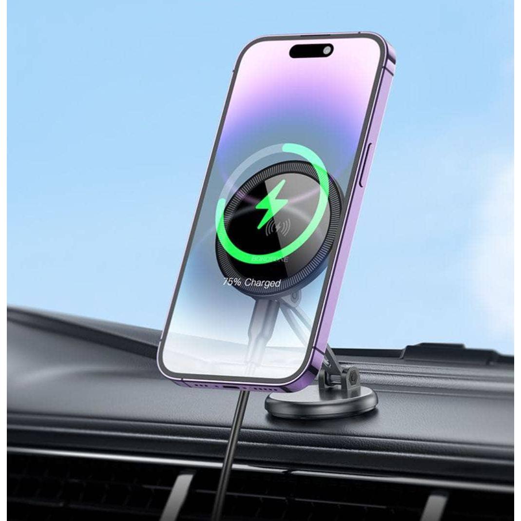 BOROFONE BH218 Star metal Mag wireless fast charging car holder center console (MagSafe Compatible) - metal gray-Case & Gear - phoneguy.com.au-www.PhoneGuy.com.au