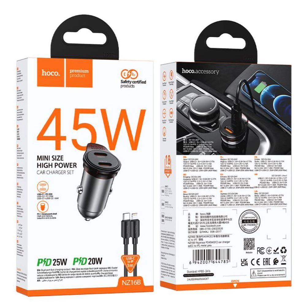 HOCO NZ16B Rigorous PD45W 2 Type C car charger C to C- metal grey-Case & Gear - phoneguy.com.au-www.PhoneGuy.com.au