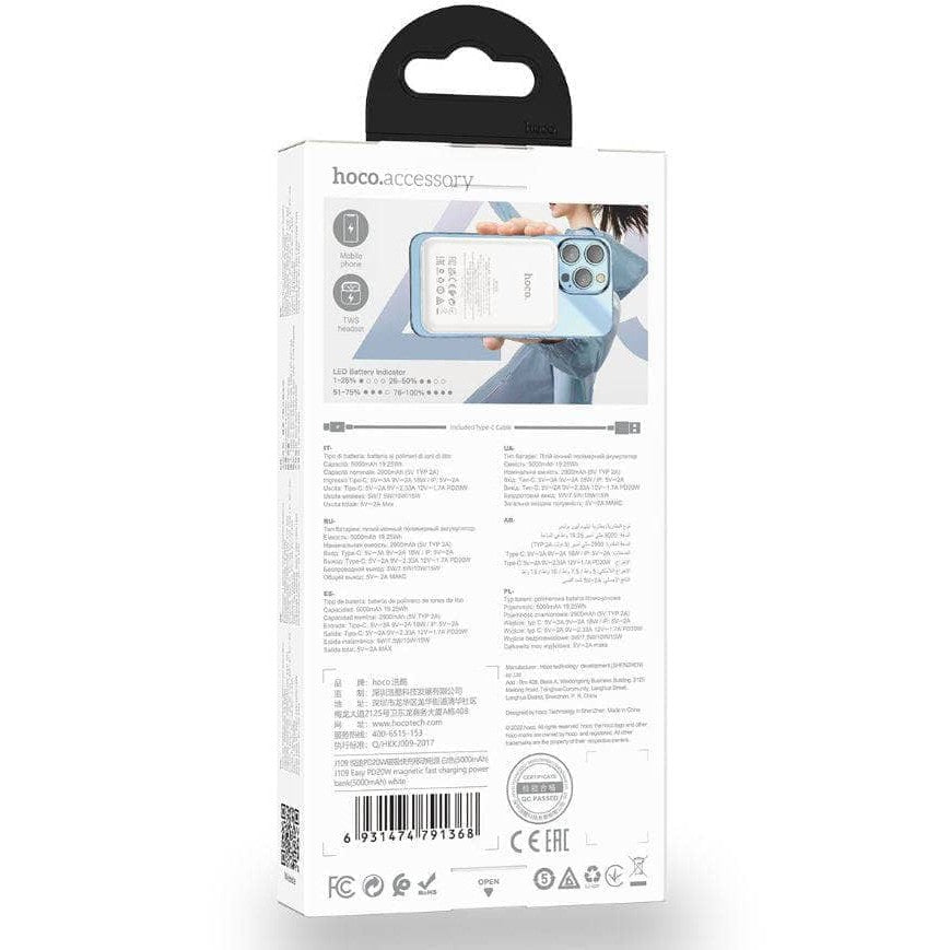 Hoco 15W PD20W 5000mAh Magnetic Wireless Charging Power Bank - White-Power bank-Hoco-www.PhoneGuy.com.au