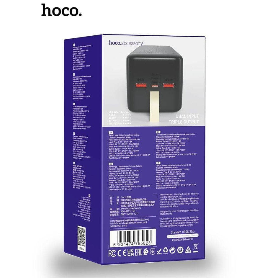 Hoco J111D 50000mAh PD30W Smart Charge Power Bank - Black-Case & Gear - phoneguy.com.au-www.PhoneGuy.com.au