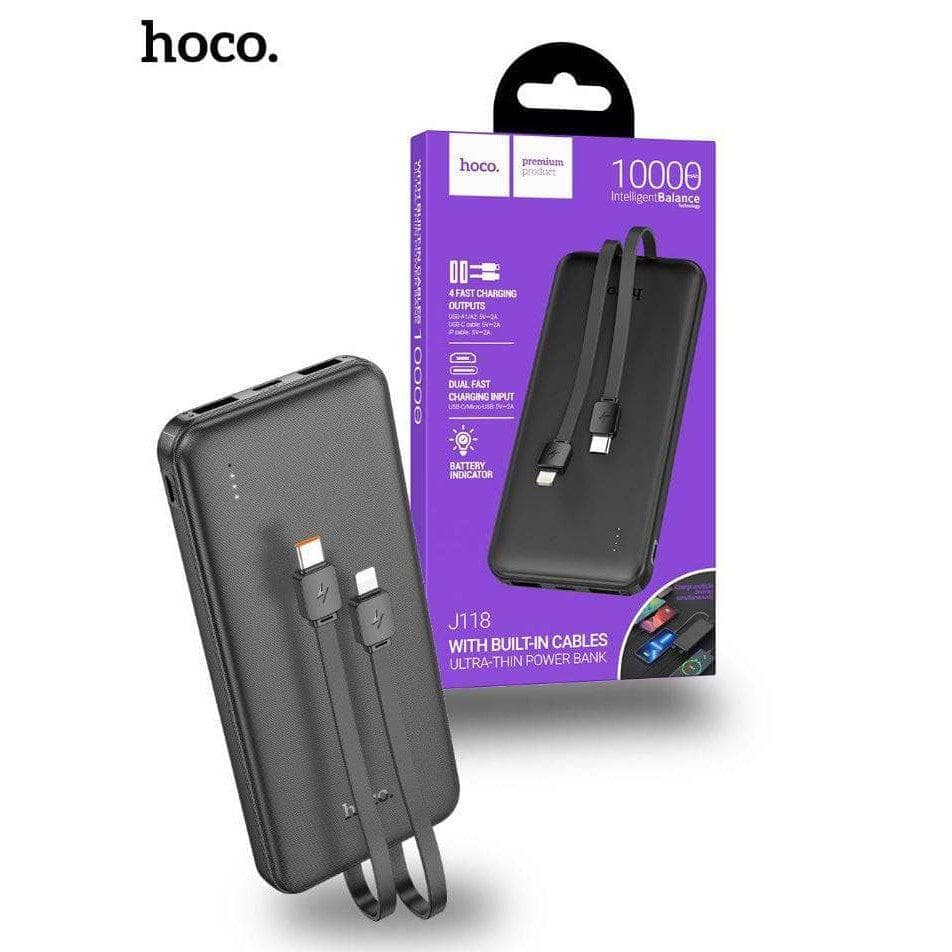 Hoco J118 10000mAh With Built In Charging Cable Speed Energy Power Bank - Black-Case & Gear - phoneguy.com.au-www.PhoneGuy.com.au
