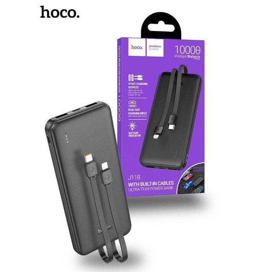 Hoco J118 10000mAh With Built In Charging Cable Speed Energy Power Bank - Black-Case & Gear - phoneguy.com.au-www.PhoneGuy.com.au