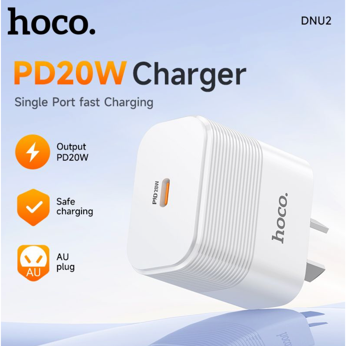 Hoco. DNU2 Peak single port PD20W charger(AU) - White-Case & Gear - phoneguy.com.au-www.PhoneGuy.com.au