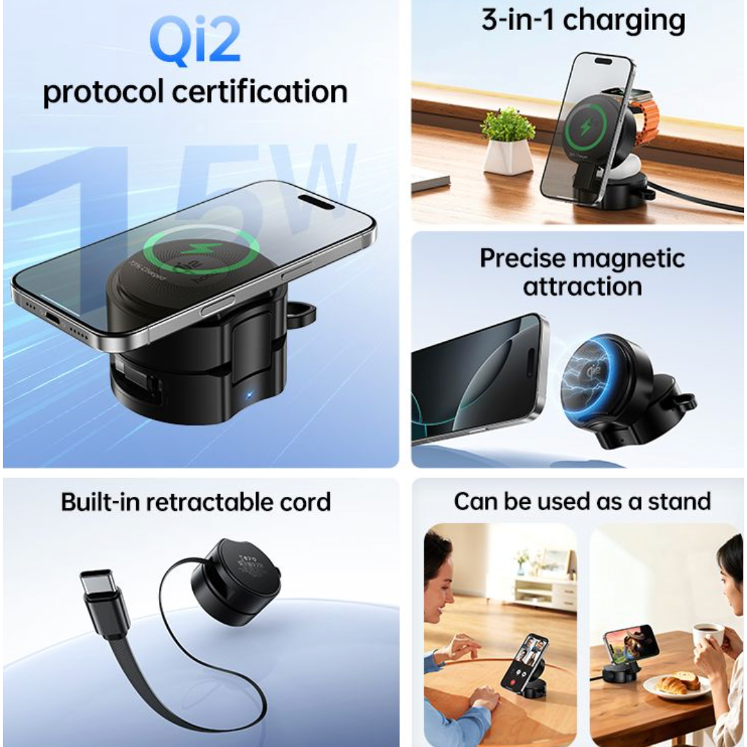Hoco. DWQ02 Qi2 3 in 1 Aluminum alloy foldable wireless charger with retractable cable-Case & Gear - phoneguy.com.au-www.PhoneGuy.com.au
