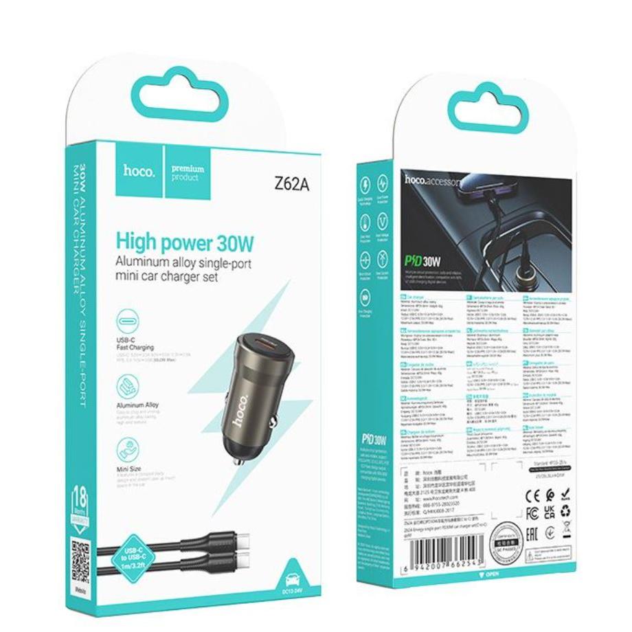 Hoco. Z62A Energy single port PD30W car charger set(C to C) - metal gray-Case & Gear - phoneguy.com.au-www.PhoneGuy.com.au