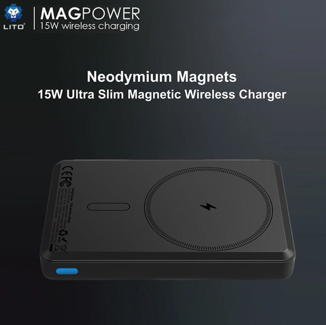 LITO 15W Ultra Thin 5 in 1 Mag Power Bank (MagSafe Compatible) - Black-Case & Gear - phoneguy.com.au-www.PhoneGuy.com.au