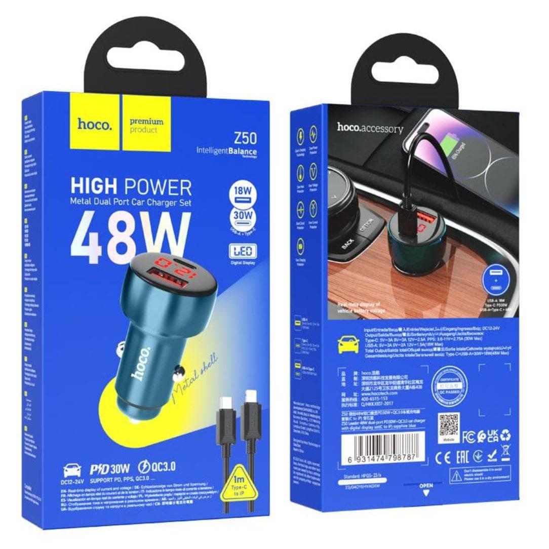 hoco Z50 Leader 48W dual-port PD30W+QC3.0 car charger with digital display set-Case & Gear - phoneguy.com.au-www.PhoneGuy.com.au