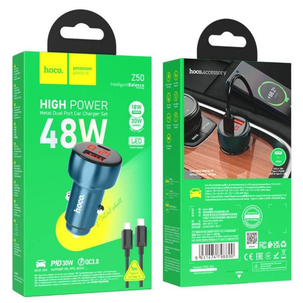 hoco Z50 Leader 48W dual-port PD30W+QC3.0 car charger with digital display set-Case & Gear - phoneguy.com.au-www.PhoneGuy.com.au