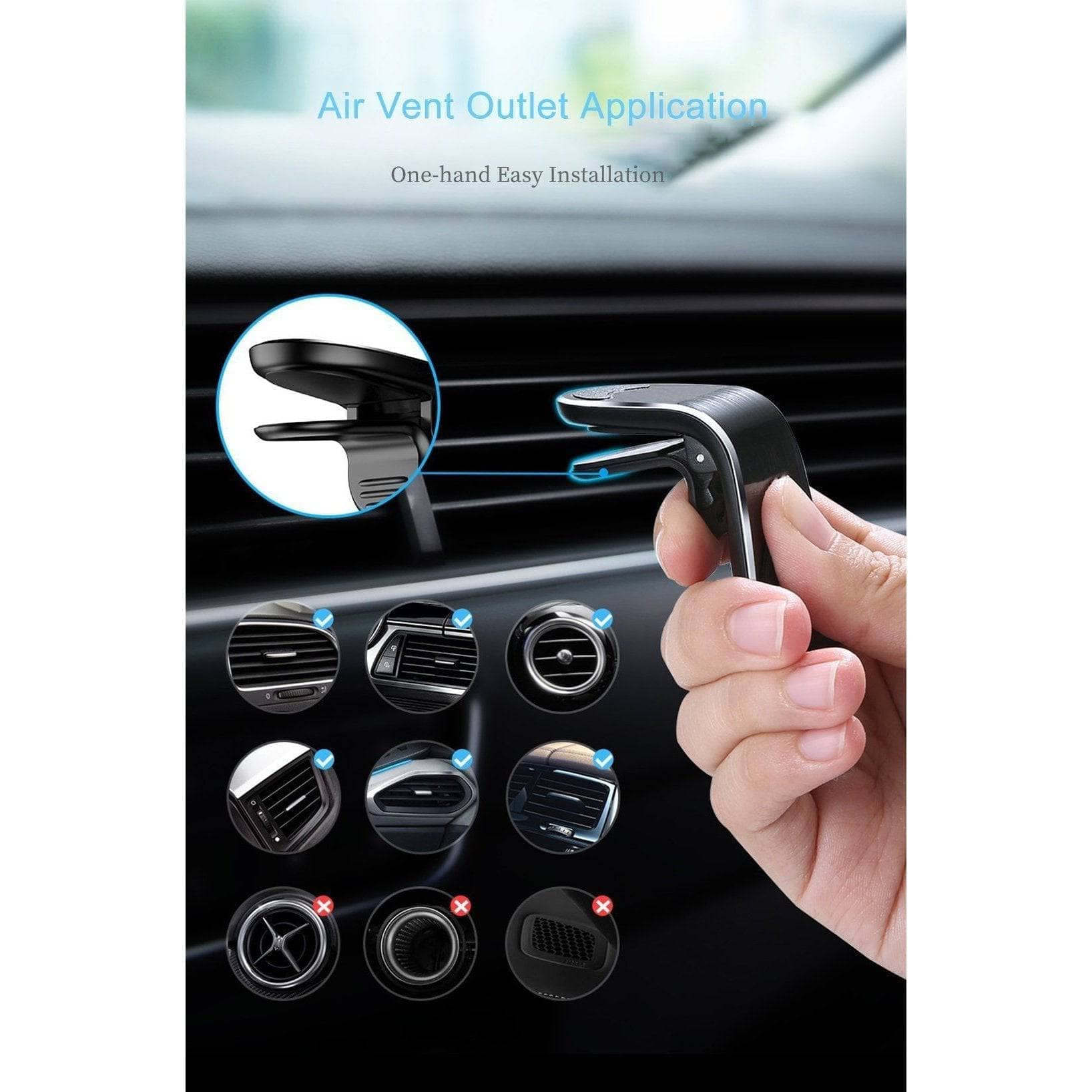 Magnetic Air Vent Car Holder - Black Slim L Shap-Holders-Generic-www.PhoneGuy.com.au