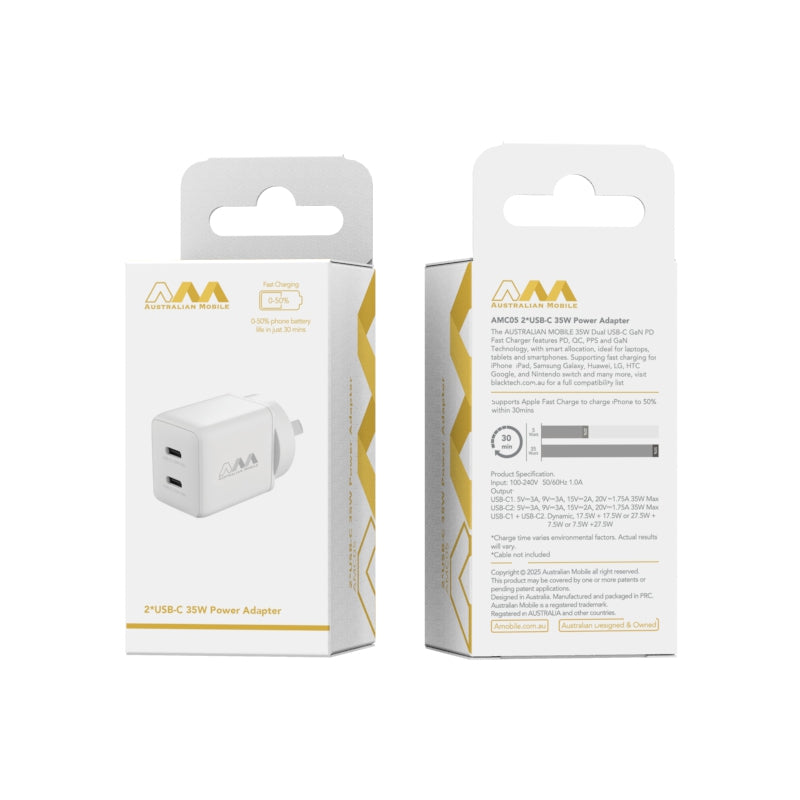 Australian Mobile AMC05 2x USB-C 35W GaN PD Power Adapter - White (SAA APPROVED)-Wall Charger-Case & Gear - phoneguy.com.au-www.PhoneGuy.com.au