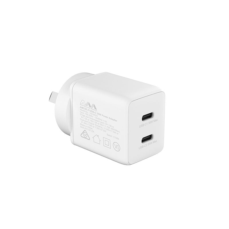 Australian Mobile AMC05 2x USB-C 35W GaN PD Power Adapter - White (SAA APPROVED)-Wall Charger-Case & Gear - phoneguy.com.au-www.PhoneGuy.com.au
