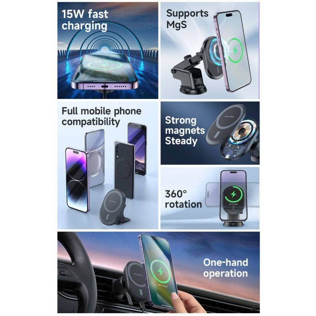 BLACKTECH 15W Super Magnetic All in 1 Wireless Charging Car Holder-Case & Gear - phoneguy.com.au-www.PhoneGuy.com.au