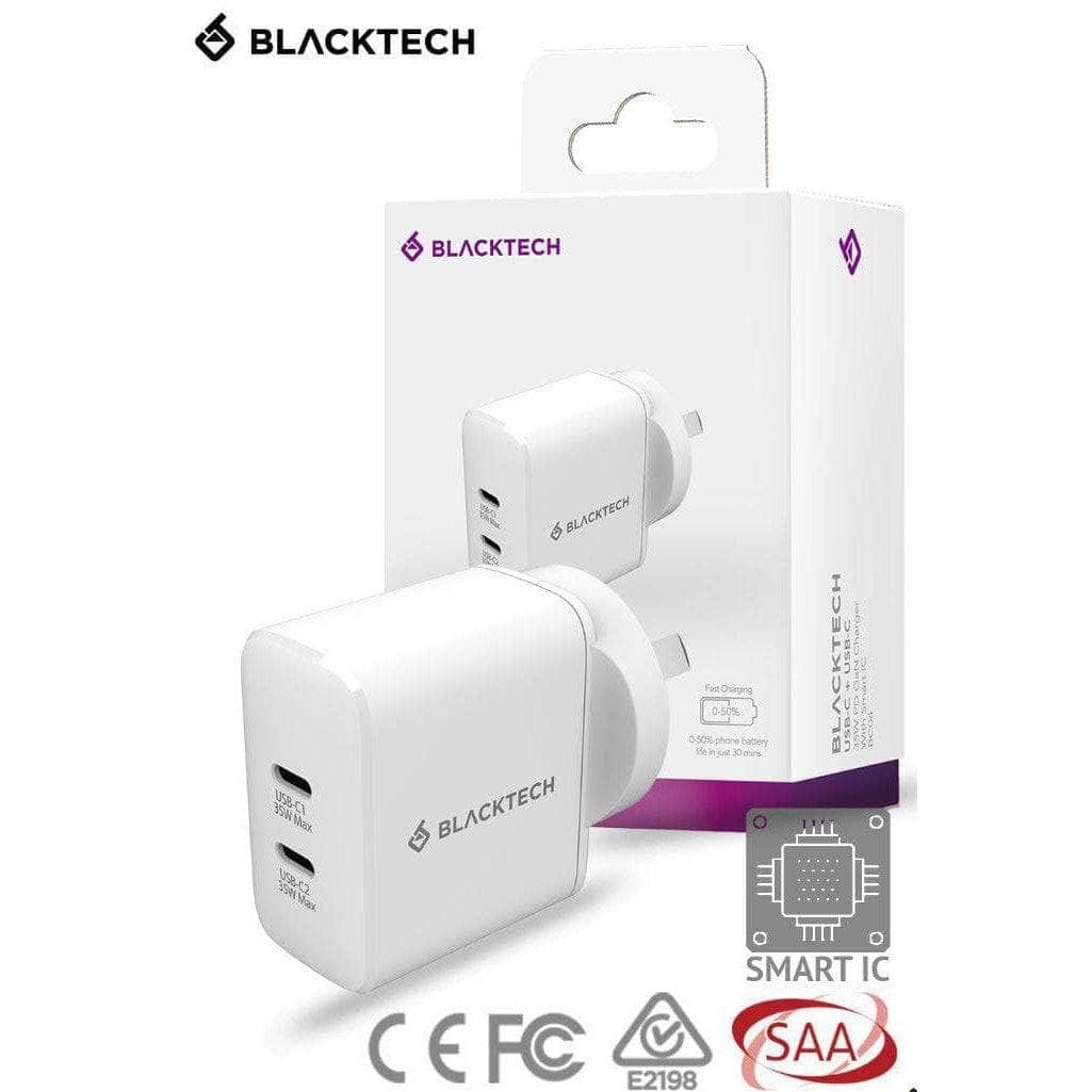 BLACKTECH BC04 Dual USB-C 35W PD QC3.0 Adapter With Smart IC - White-Case & Gear - phoneguy.com.au-www.PhoneGuy.com.au