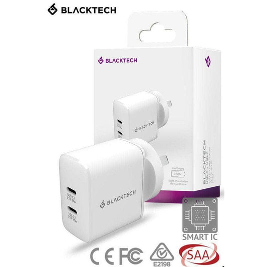 BLACKTECH BC04 Dual USB-C 35W PD QC3.0 Adapter With Smart IC - White-Case & Gear - phoneguy.com.au-www.PhoneGuy.com.au