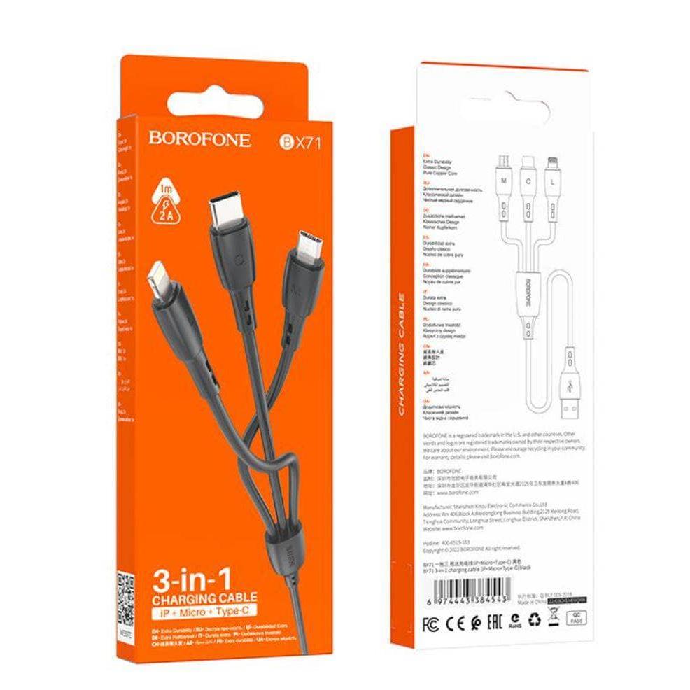 BOROFONE BX71 3-in-1 charging cable( iP+Micro+Type-C) - black-Case & Gear - phoneguy.com.au-www.PhoneGuy.com.au