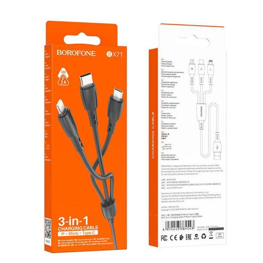 BOROFONE BX71 3-in-1 charging cable( iP+Micro+Type-C) - black-Case & Gear - phoneguy.com.au-www.PhoneGuy.com.au