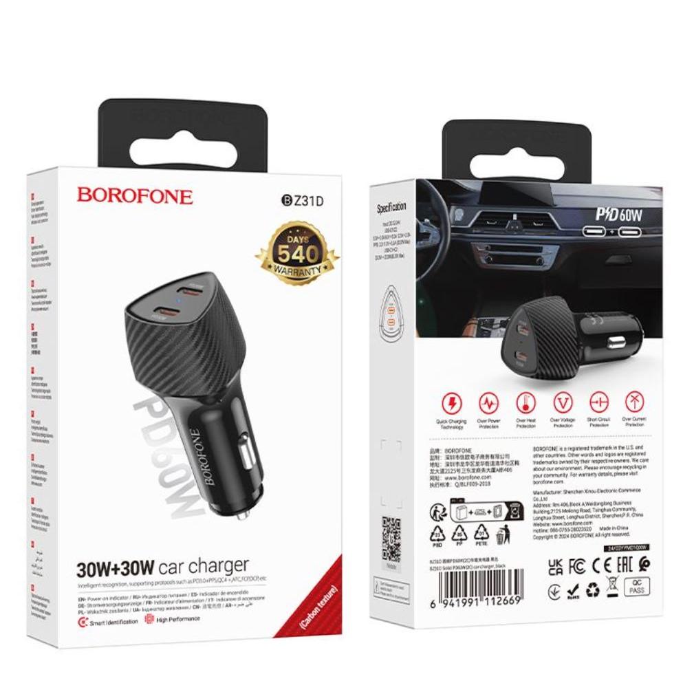 BOROFONE BZ31D Solid PD60W(2C) car charger - black-Case & Gear - phoneguy.com.au-www.PhoneGuy.com.au