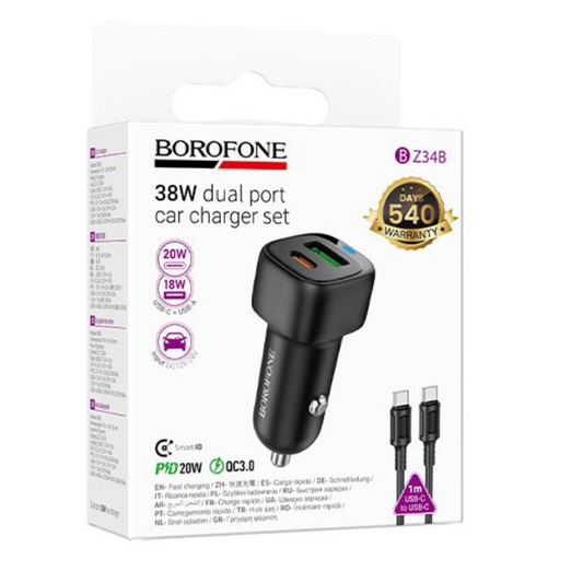 Borofone BZ34B Cloud PD38W 1C1A car charger set USB-C to USB-C - Black-Case & Gear - phoneguy.com.au-www.PhoneGuy.com.au