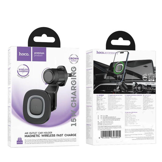 HOCO HW30 Crown magnetic wireless charging car holder air outlet - black (MagSafe Compatible)-Case & Gear - phoneguy.com.au-www.PhoneGuy.com.au