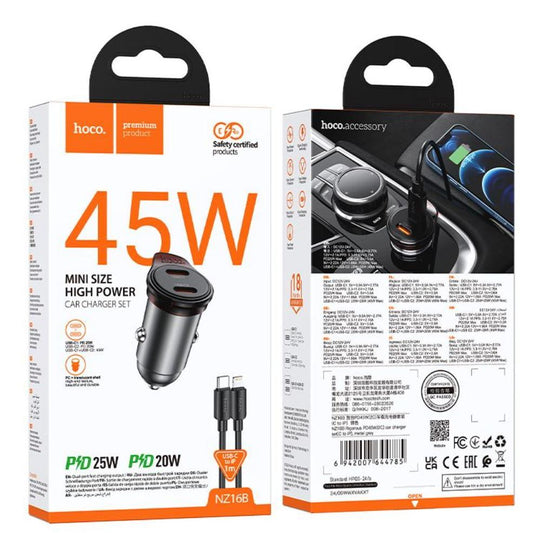 HOCO NZ16B Rigorous PD45W 2 Type C car charger C to C- metal grey-Case & Gear - phoneguy.com.au-www.PhoneGuy.com.au