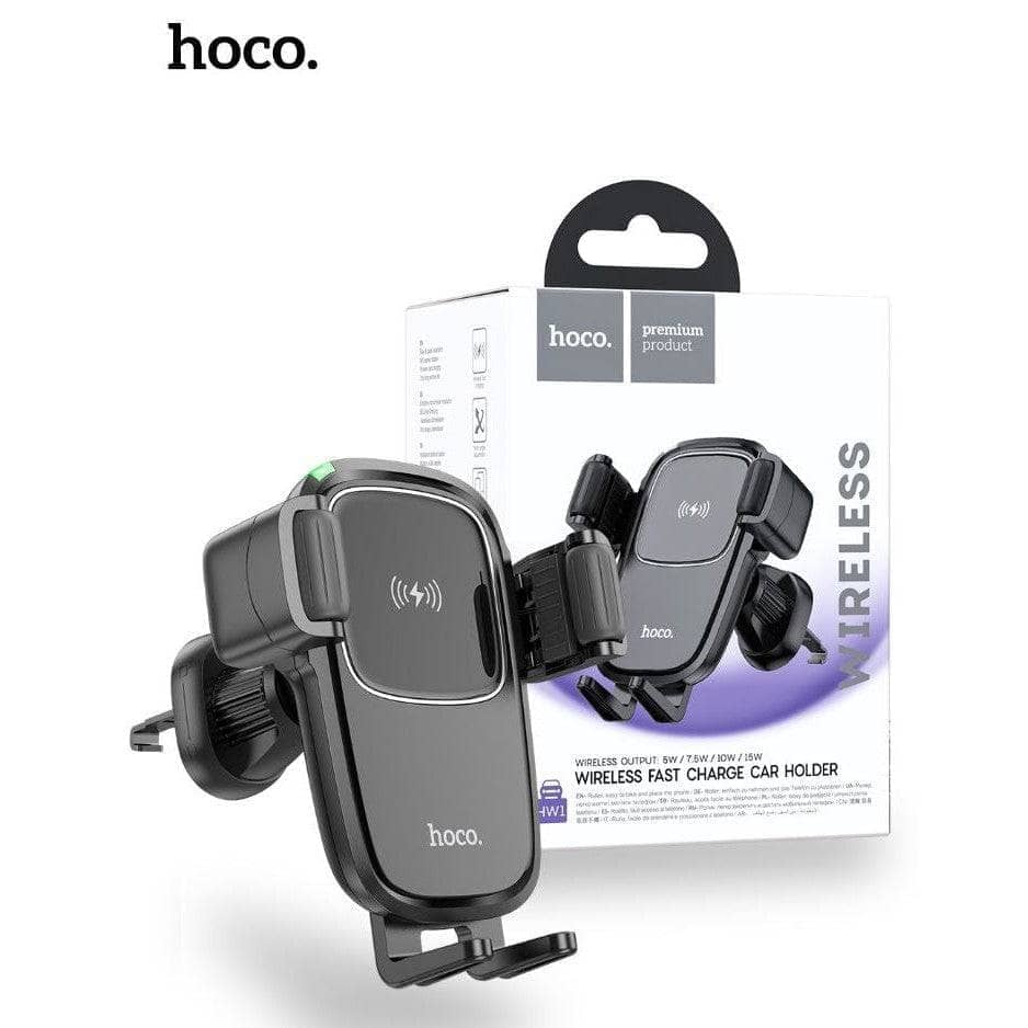 Hoco HW1 Pro 15W Fast Wireless Charger Air Vent Car Holder - Black-Case & Gear - phoneguy.com.au-www.PhoneGuy.com.au