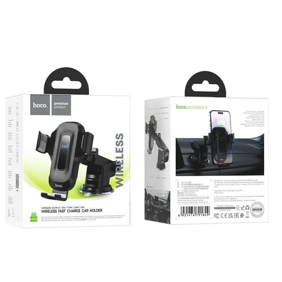 Hoco HW3 15W Fast Wireless Charger Center Console Car Holder - Black-Case & Gear - phoneguy.com.au-www.PhoneGuy.com.au