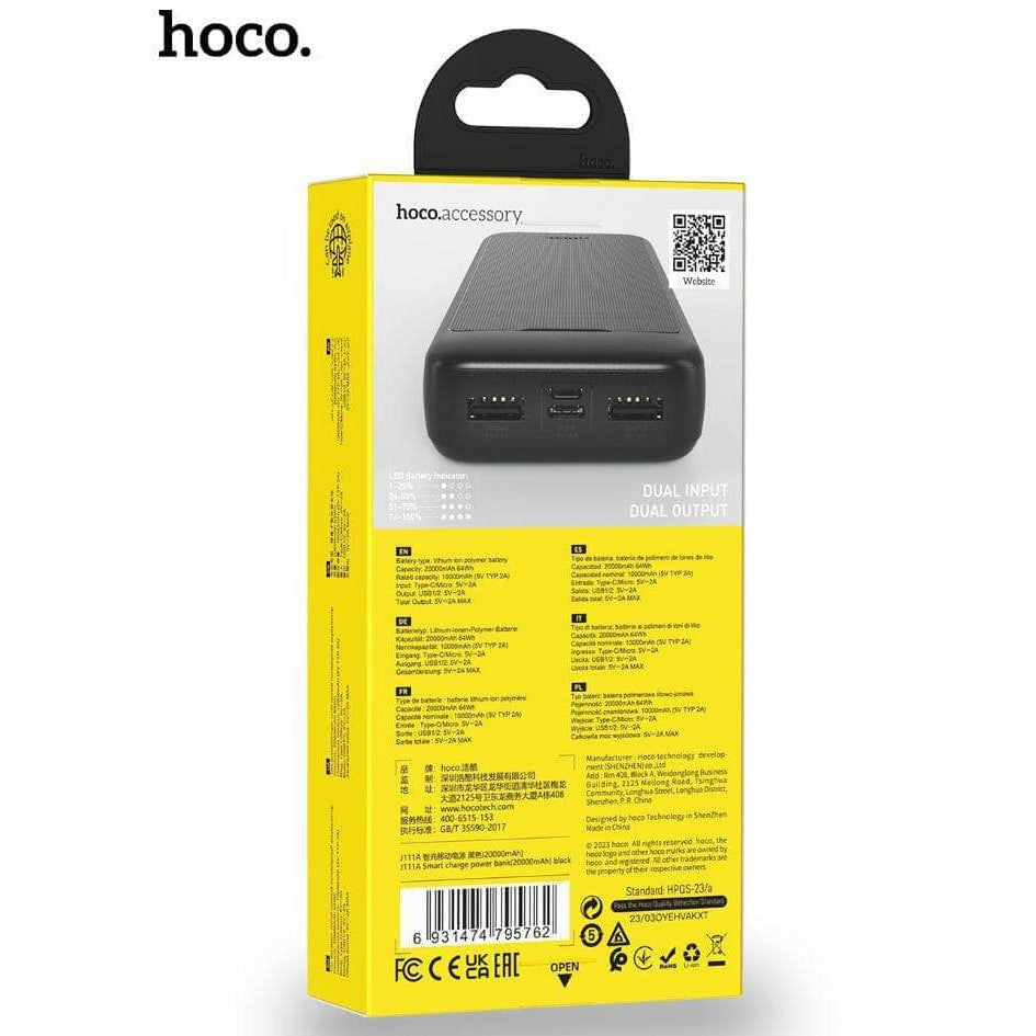 Hoco J111A 20000mAh Smart Charge Power Bank - Black-Power bank-Hoco-www.PhoneGuy.com.au