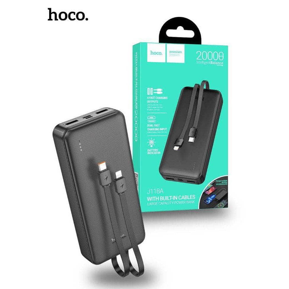 Hoco J118A 20000mAh With Built In Charging Cable Speed Energy Power Bank - Black-Case & Gear - phoneguy.com.au-www.PhoneGuy.com.au