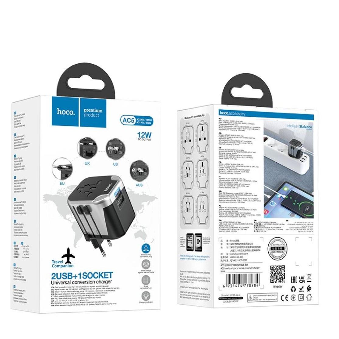 Hoco. AC5 Dual USB Universal Charger Adapter - Black-Case & Gear - phoneguy.com.au-www.PhoneGuy.com.au