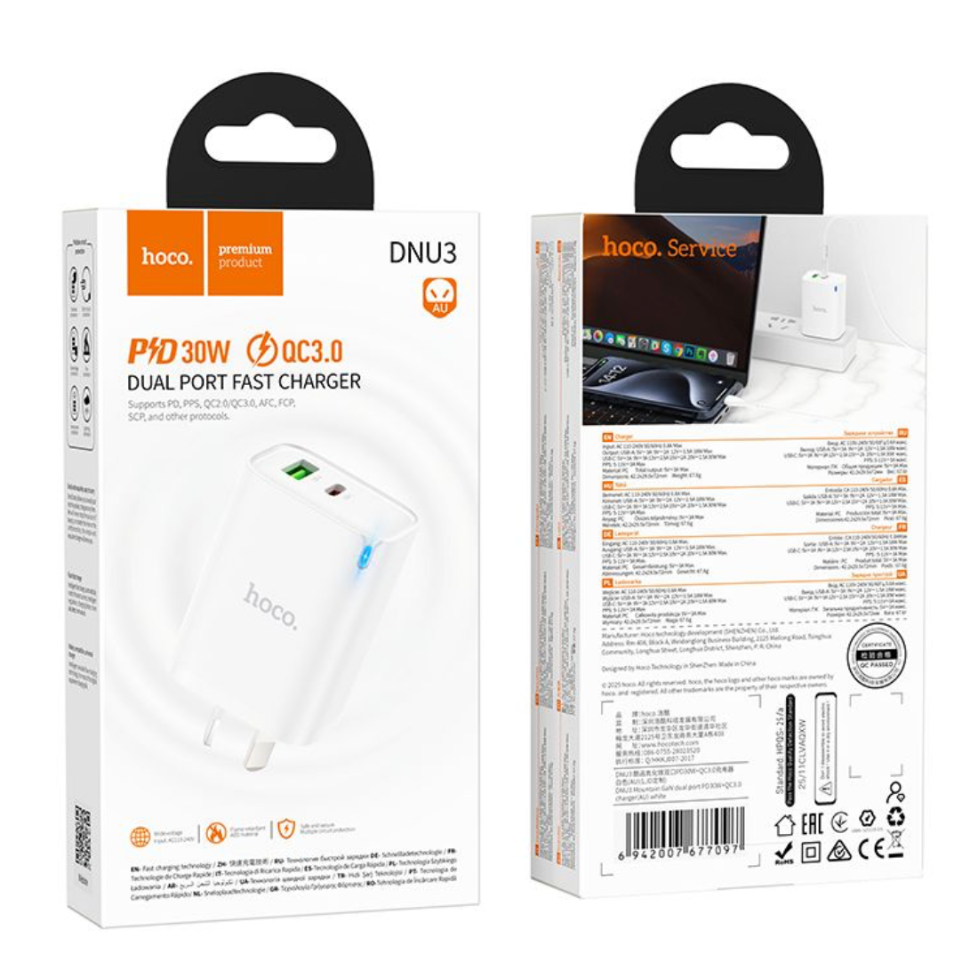 Hoco. DNU3 Mountain GaN dual port PD30W+QC3.0 charger(AU) With Smart IC - White-Case & Gear - phoneguy.com.au-www.PhoneGuy.com.au