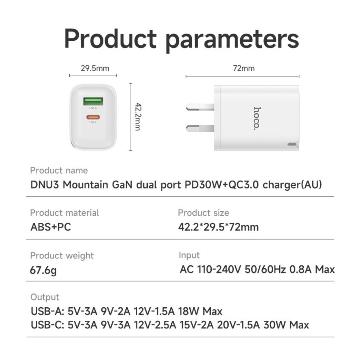 Hoco. DNU3 Mountain GaN dual port PD30W+QC3.0 charger(AU) With Smart IC - White-Case & Gear - phoneguy.com.au-www.PhoneGuy.com.au