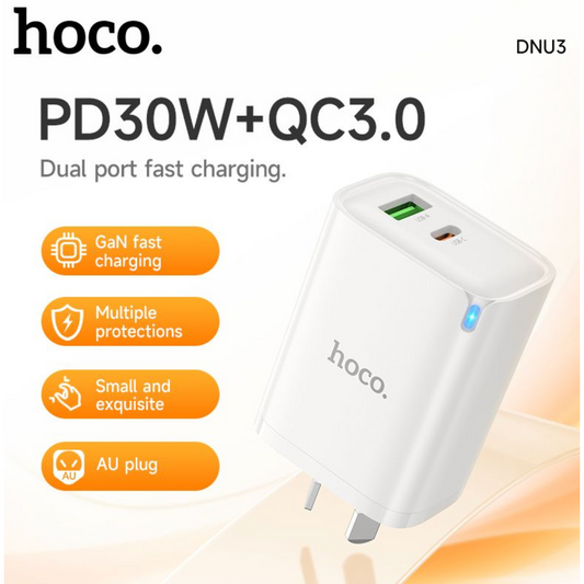 Hoco. DNU3 Mountain GaN dual port PD30W+QC3.0 charger(AU) With Smart IC - White-Case & Gear - phoneguy.com.au-www.PhoneGuy.com.au