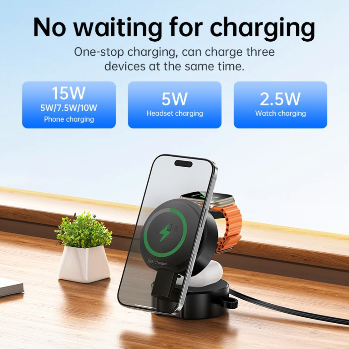 Hoco. DWQ02 Qi2 3 in 1 Aluminum alloy foldable wireless charger with retractable cable-Case & Gear - phoneguy.com.au-www.PhoneGuy.com.au