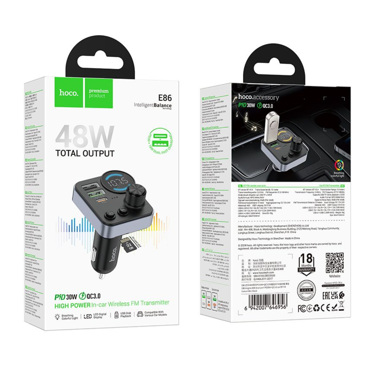 Hoco. E86 Alegria 48W dual port PD30W QC3.0 car BT FM transmitter - black-Case & Gear - phoneguy.com.au-www.PhoneGuy.com.au