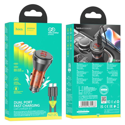 Hoco. NZ12C Graceful PD60W 2C car charger with digital display set C to iP - transparent orange-Case & Gear - phoneguy.com.au-www.PhoneGuy.com.au