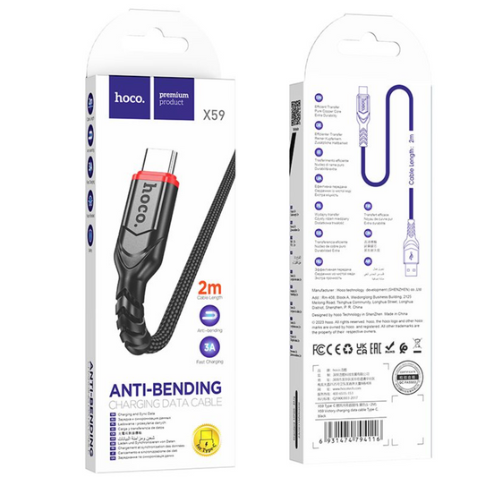 Hoco. X59 200cm USB-A To USB-C Victory charging data cable Type-C - Black-Case & Gear - phoneguy.com.au-www.PhoneGuy.com.au