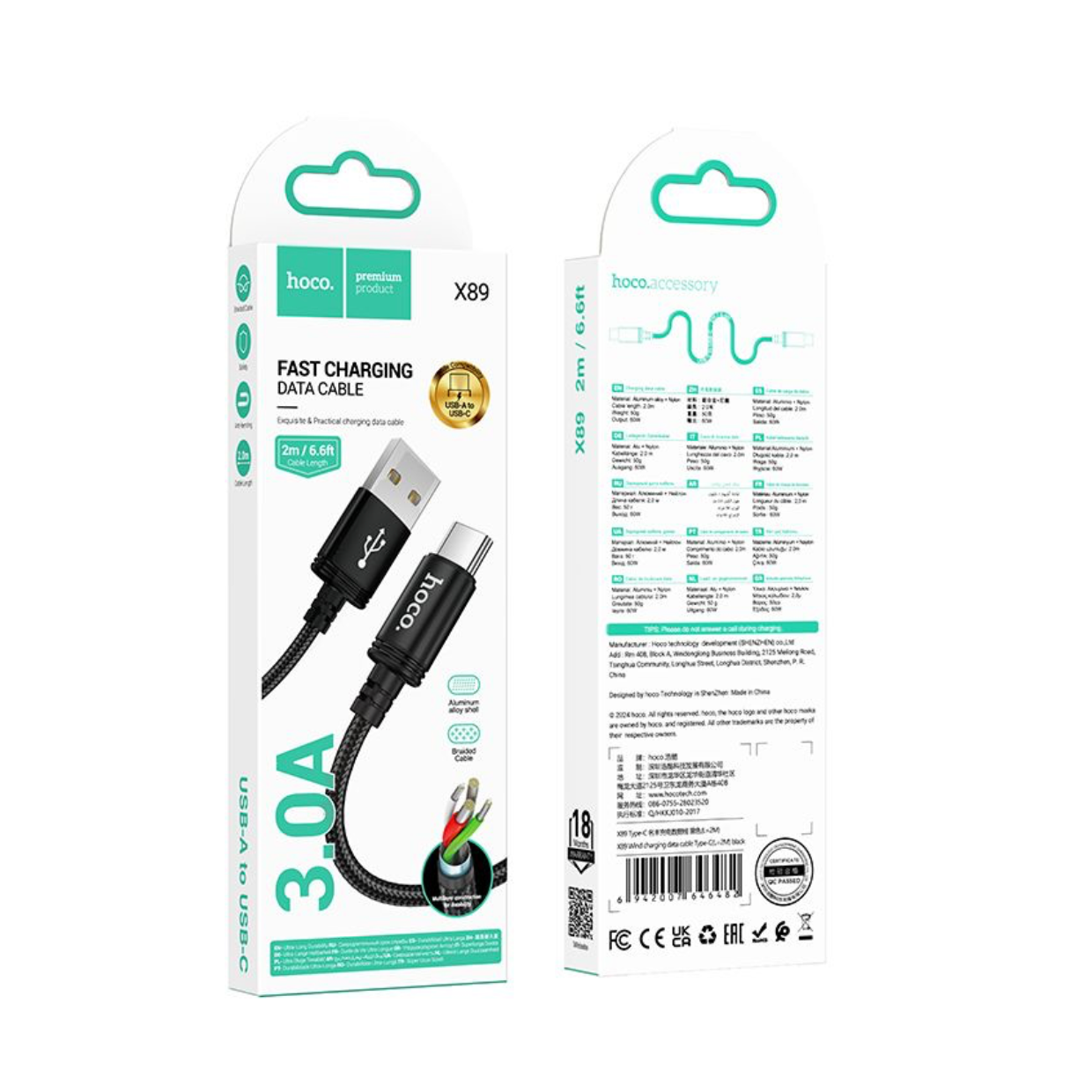 Hoco. X89 USB-A to USB-C Braided charging data cable 2 meter - black-Case & Gear - phoneguy.com.au-www.PhoneGuy.com.au