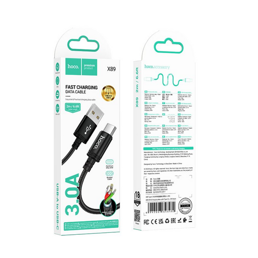 Hoco. X89 USB-A to USB-C Braided charging data cable 2 meter - black-Case & Gear - phoneguy.com.au-www.PhoneGuy.com.au