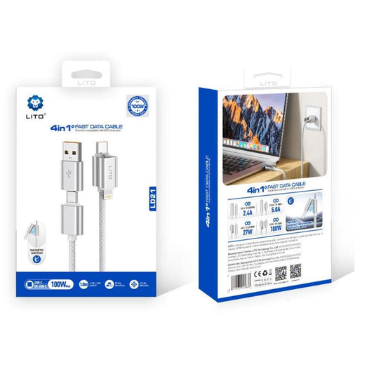 Lito LD21 100w 4-in-1 Magnetic Charging Cable - White-Case & Gear - phoneguy.com.au-www.PhoneGuy.com.au