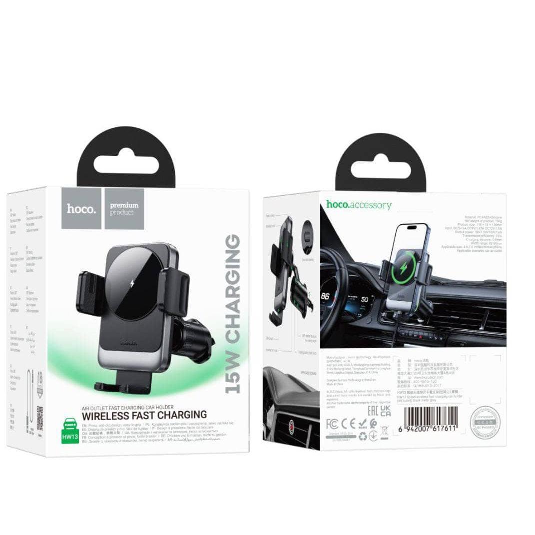 hoco HW13 15W Speed wireless fast charging car holder (air outlet) - black metal gray-Case & Gear - phoneguy.com.au-www.PhoneGuy.com.au