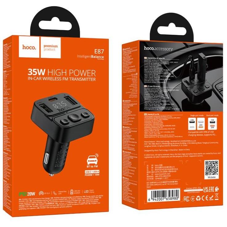 hoco. E87 Alegria 35W dual port PD20W QC3.0 car BT FM transmitter - Black-Case & Gear - phoneguy.com.au-www.PhoneGuy.com.au