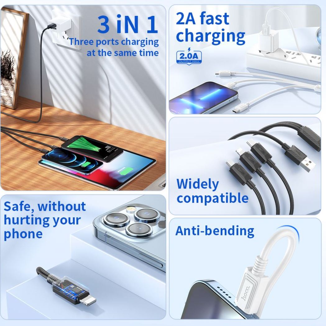 hoco. X74 3-in-1 charging cable iP Micro Type-C - white-Case & Gear - phoneguy.com.au-www.PhoneGuy.com.au