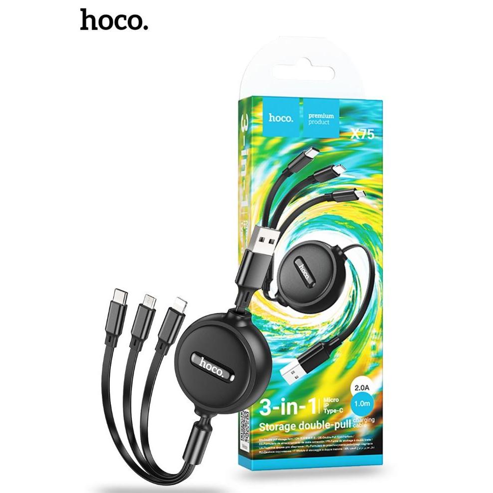 hoco. X75 Double Pull 3 in 1 Cable - Black-Case & Gear - phoneguy.com.au-www.PhoneGuy.com.au