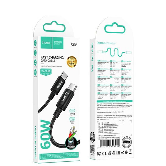 hoco. X89 USB-C to USB-C Braided 60W charging data cable C to C 2 meter - black-Case & Gear - phoneguy.com.au-www.PhoneGuy.com.au