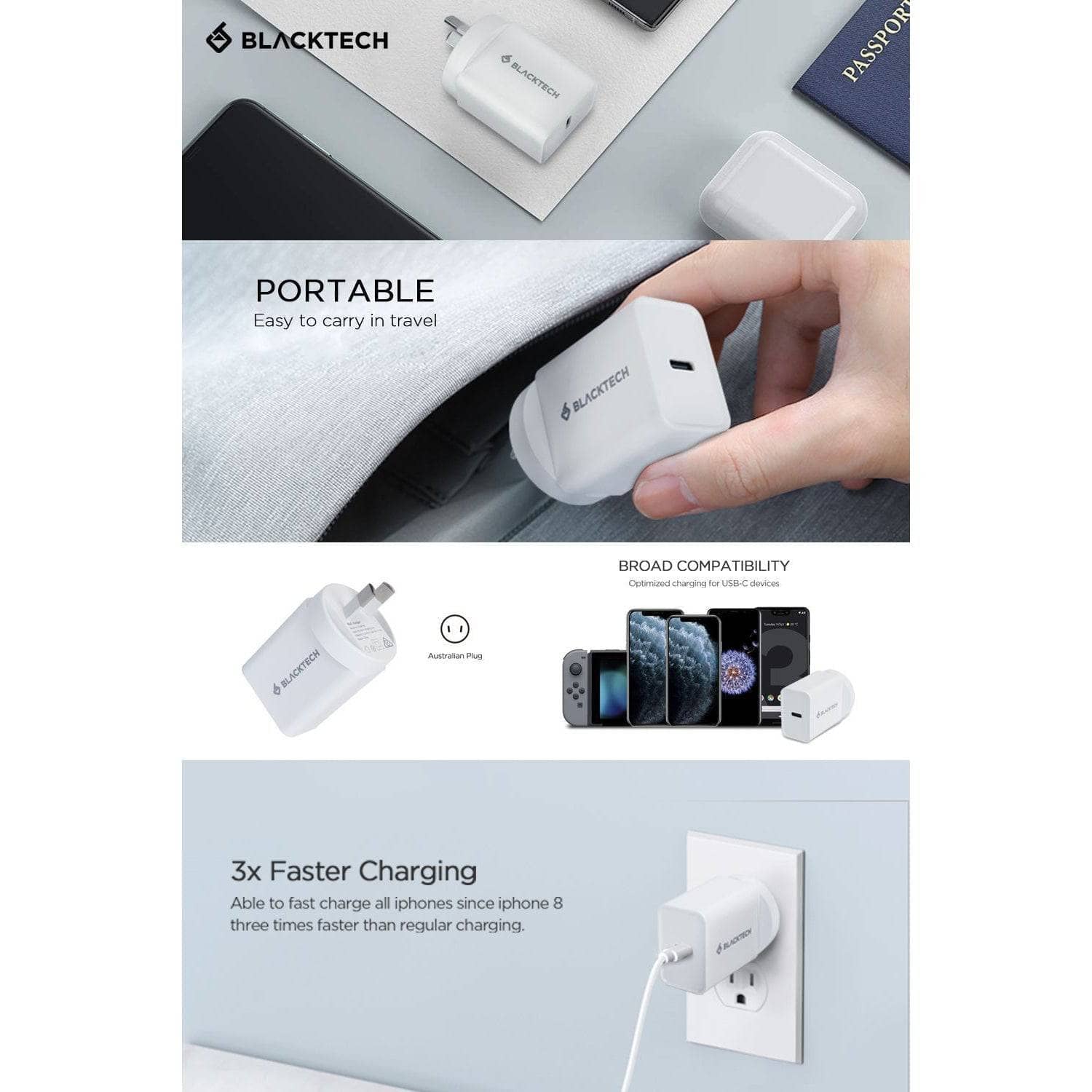 BLACKTECH BC09 USB-C 20W PD Charger Power Adapter - White-Wall Charger-BLACKTECH-www.PhoneGuy.com.au